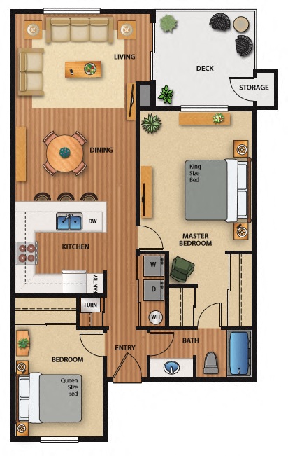 Floor plan for 2 beds, 1 bath, 943 sqft